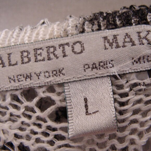 White & Charcoal Gray 3/4 Sleeve Open Knit LINEN Blend CARDIGAN Sz LARGE - Picture 8 of 8